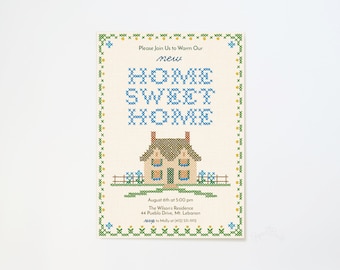 Housewarming Invitation, Cross-stitch Invite, Home Sweet Home, Edit Yourself With CORJL, Digital PDF, Instant Download