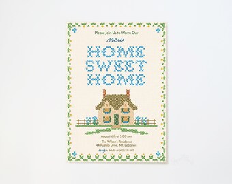 Housewarmingsuitnodiging met kruissteek, Home Sweet Home, bewerkbare pdf