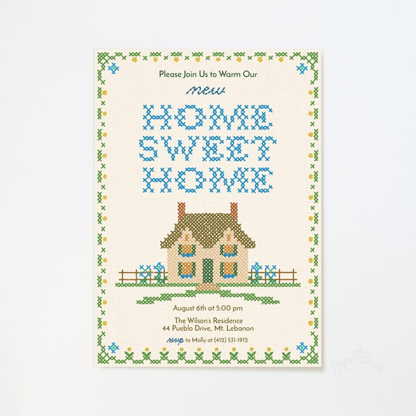 Housewarming Invitation, Cross-stitch Invite, Home Sweet Home, Edit Yourself With CORJL, Digital PDF, Instant Download