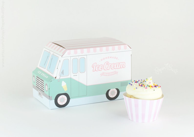 Ice Cream Party Box Set of 4, Ice Cream Truck Cupcake Box, Pastel Packaging, Ice Cream Social Birthday Party, Centerpiece, Wholesale image 1