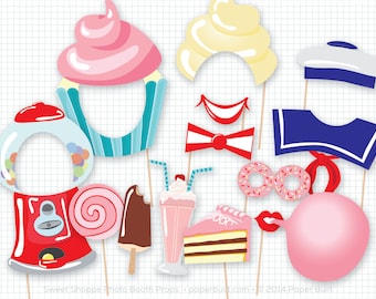 Fiesta Sweet Shoppe, Accesorios para Photo Booth, Accesorios para Photobooth, Cupcakes, Cumpleaños, Donuts, Máquina de Gumball, Helado, Pastel, Dulces, PDF Imprimible