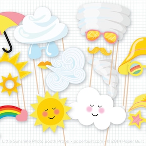 May include: A set of 10 colorful photo booth props featuring weather-themed designs, including a rainbow, sun, clouds, and sunglasses.  The props are printed on cardstock and have wooden sticks attached.