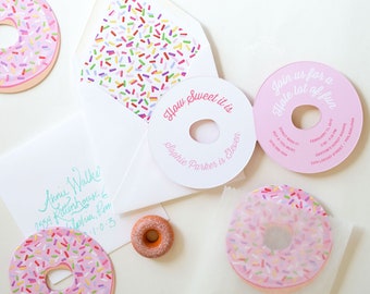 Donut Party, Donut Invitation, Donut Birthday Party Invite, Donut Grow Up Die Cut Pink Donut Sprinkles Donut Bridal Shower Donut Baby Shower