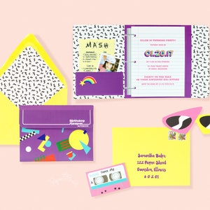 1980s Party Uitnodiging, Totally Eighties Retro Adult Teen Birthday Party Uitnodigingen, School Supply Binder Invite, 80s Kleuren, Mitswa, Neon