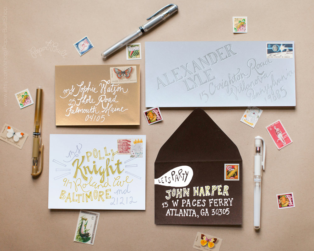 White, Gold, Silver Gel Pens, Envelope Art, Snail Mail