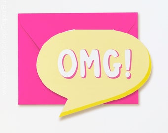 OMG Card, Fun Speech Bubble Card, Celebrate, Card for Congratulations, Die-cut Greeting Card, OMG Baby OMG Engagement, Card for any occasion