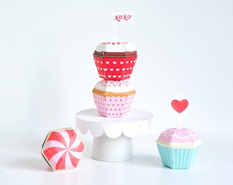 Valentines Day Cupcake Candy Favor Box Kit, Cupcake Box, Sweet Shoppe Birthday Party, Paper Toy, Party Favor Box, Treat Box, Centerpiece
