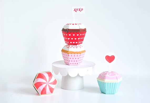 Valentines Day Cupcake Candy Favor Box Kit, Cupcake Box, Sweet Shoppe Birthday Party, Paper Toy, Party Favor Box, Treat Box, Centerpiece Il_570xn