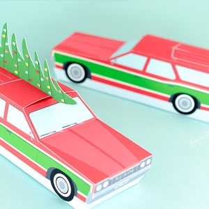 Vintage Station Wagon Gift Box, Christmas Retro Car with Tree, Holiday Favor Box, Holiday Decor, Hostess Gift Idea, Paper Toy, Paper Craft image 3