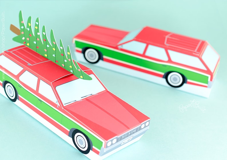 Vintage Station Wagon Gift Box, Christmas Retro Car with Tree, Holiday Favor Box, Holiday Decor, Hostess Gift Idea, Paper Toy, Paper Craft image 3