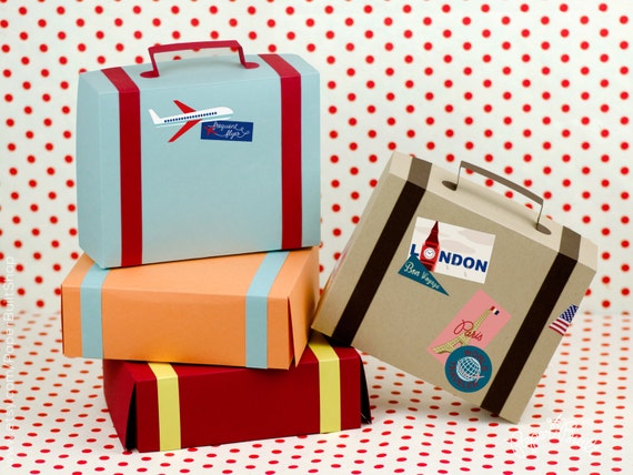 Suitcase Favor Box Kit - Set of 4, Favor Box, Airplane Party, Party Favor, Vintage Luggage, Destination Wedding, Train Party, Paper Suitcase Il_570xn