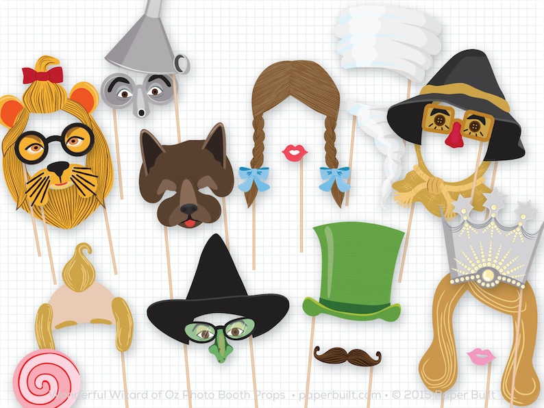May include: A set of 12 Wizard of Oz themed photo booth props. The props include a lion, a tin man, a scarecrow, a witch, Dorothy, Toto, a lollipop, a crown, a hat, and a mustache. The props are printed on cardstock and are ready to be cut out and used.