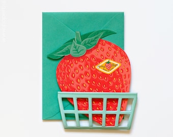 Verjaardagskaart aardbei – gestanste bes in mandje met bericht 'Juicy Wishes'