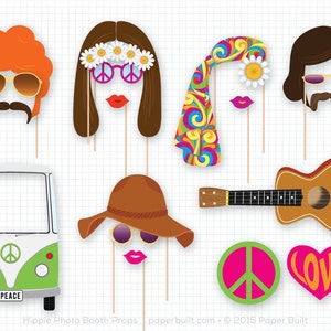 Accessoires de cabine photo fête hippie, Accessoires pour photomaton des années 1960, Photomaton de mariage, Fête d&#39;anniversaire, Woodstock, Enfant Fleur, Van Hippie Peace, Amour