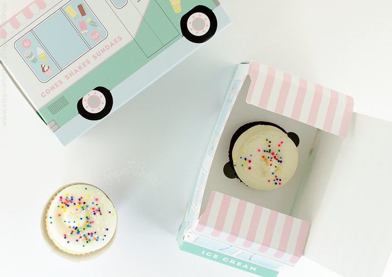 Ice Cream Party Box Set of 4, Ice Cream Truck Cupcake Box, Pastel Packaging, Ice Cream Social Birthday Party, Centerpiece, Wholesale image 3