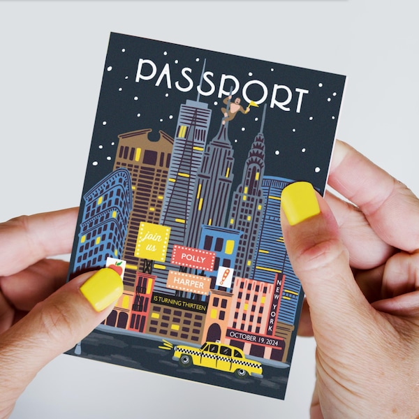 New York City Passport Invitation, Birthday Party, Illustrated Cover