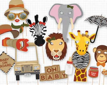 Accesorios para fotomatón de baby shower con temática de safari, máscaras de animales (descarga digital)