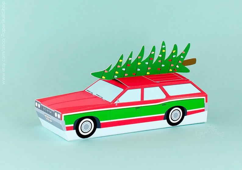 Vintage Station Wagon Gift Box, Christmas Retro Car with Tree, Holiday Favor Box, Holiday Decor, Hostess Gift Idea, Paper Toy, Paper Craft image 1