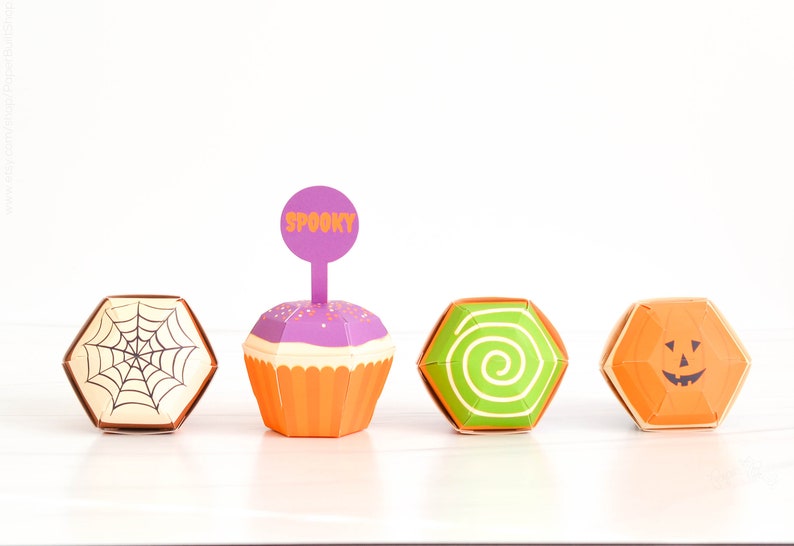 Halloween Cupcake Boxes Set of 4 Craft Kit, Halloween Party Favor Box, Trick or Treat Idea, DIY Halloween Craft, October Gift Spooky Treat image 2