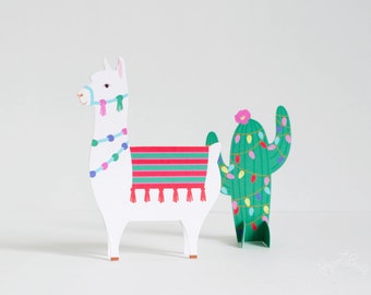 Merry Christmas Llama Card, Fa la la llama, Christmas Card, Christmas Cactus Xmas Lights Llama Happy Holidays Card, Non Photo Christmas Card