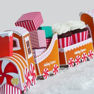 Gingerbread Treat Train Favor Box, Holiday Train, Christmas Party, Holiday Sweets, Cupcake Box, Cakepop Box, Holiday Centerpiece, Paper Kit
