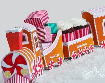 Gingerbread Treat Train Favor Box, Holiday Train, Christmas Party, Holiday Sweets, Cupcake Box, Cakepop Box, Holiday Centerpiece, Paper Kit