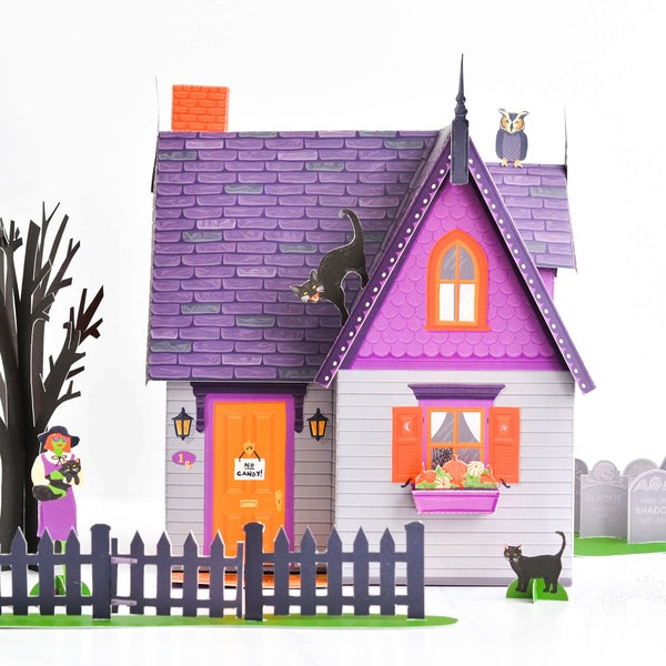 Halloween Haunted Paper Dollhouse Kit, 3D Halloween Paper Craft, Miniature Witch Dollhouse Craft, Witch Paper Doll, Crazy Cat Lady Black Cat