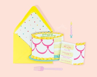 Die Cut Cake Birthday Invitation, Party Invite with Candle & Fork