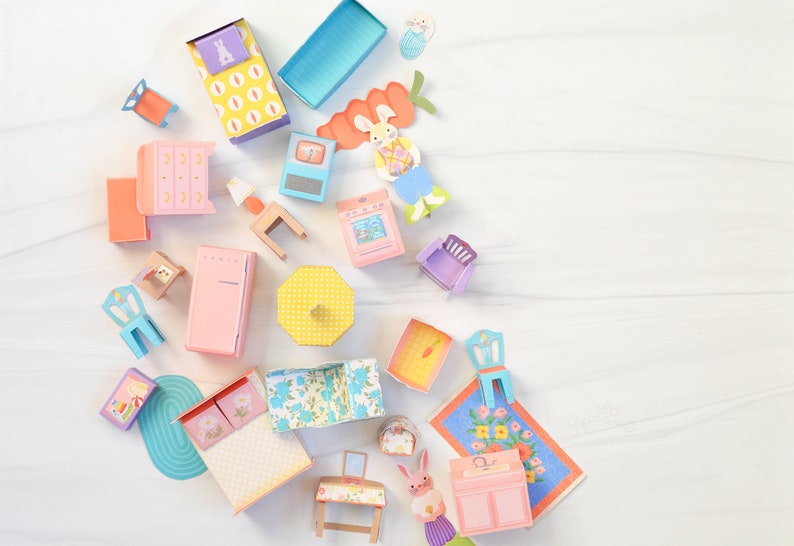 Spring Paper Dollhouse, Spring Paper Craft, Bunnies Rabbit Paper Doll, DIY Paper Kit, Bright Cheerful Flowers, Kids Craft, Paper Miniature image 9