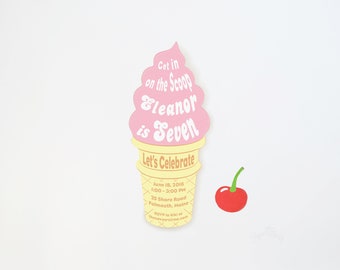 Invito alla festa del gelato, invito al cono gelato Soft Serve, festa estiva, invito alla festa di compleanno del gelato, gelato sociale, fustellato