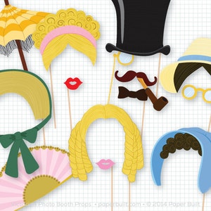 May include: A set of 10 photo booth props featuring various hats, wigs, moustaches, and lips. The props are printed on cardstock and have sticks attached to them. The props are perfect for a party or event.