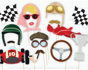 May include: A set of 10 classic car racing themed photo booth props. The props include a checkered flag, a racing helmet, a steering wheel, a trophy, a mustache, a pipe, a pair of goggles, a red scarf, and a woman's face with sunglasses and a headscarf.