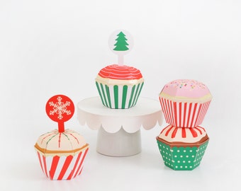 Holiday Cupcake Boxes - Set of 4 Craft Kit, Christmas Party Favor Box, Xmas Hostess Gift, Teacher Gift, Treat Box, Centerpiece