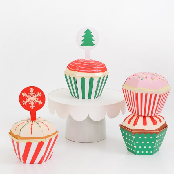 Holiday Cupcake Boxes - Set of 4 Craft Kit, Christmas Party Favor Box, Xmas Hostess Gift, Teacher Gift, Treat Box, Centerpiece