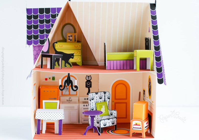 Witch Paper Doll Black Cat Printable Halloween Decor Miniature Crazy Cat Lady Halloween Haunted House Kit Paper Dollhouse