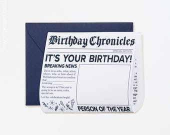 Retro verjaardagskrantenkaart: gestanste mijlpaalbegroeting