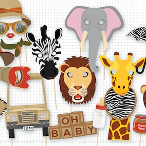 Accesorios para fotomatón de baby shower de safari, baby shower de niño, fiesta de safari para niño, fotomatón, accesorios para fotomatón, aventura, explorador, África, animales