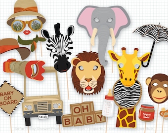 Safari Baby Shower Photo Booth Props, Animal Masks (Digital Download)