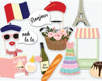 Puede incluir: Un conjunto de 10 accesorios para cabina de fotos con temática parisina, que incluye una boina roja, una bandera francesa, una baguette, una botella de vino, una Torre Eiffel, una pastelería, una bicicleta con flores, un globo de diálogo con el texto "Bonjour", un globo de diálogo con el texto "ooh la la" y unas gafas de sol.