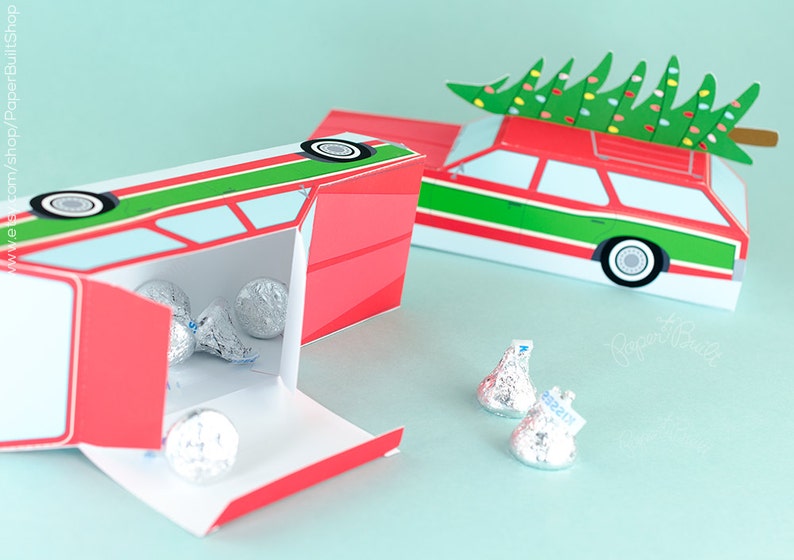 Vintage Station Wagon Gift Box, Christmas Retro Car with Tree, Holiday Favor Box, Holiday Decor, Hostess Gift Idea, Paper Toy, Paper Craft image 4