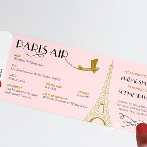 Paris Theme Party Boarding Pass Invitation, Real Airline Ticket Invite, French, Bridal Shower, Pink, Gold, Rendez vous de Paris, Baby Shower