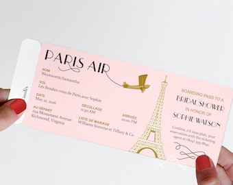 Paris Theme Party Boarding Pass Invitation, Real Airline Ticket Invite, French, Bridal Shower, Pink, Gold, Rendez vous de Paris, Baby Shower