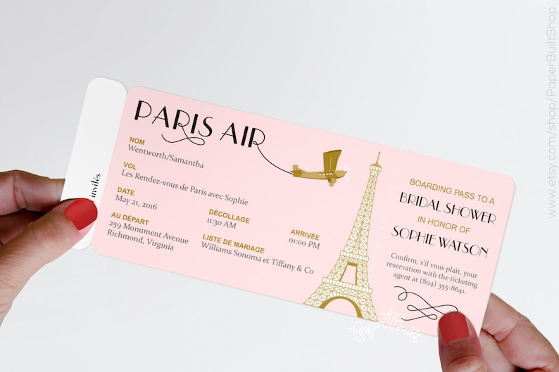 Faire-part carte d'embarquement pour soirée à thème Paris, véritable invitation pour billet d'avion, Français, Shower nuptiale, rose, or, Rendez-vous de Paris, baby shower image 1