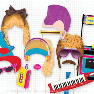 Accessori per Photo Booth per feste anni '80, Accessori per Photo Booth anni '80, Audiocassetta, Boombox, Mullet, Videogioco arcade, Mohawk, Capelli piumati, Anni '80, Foto Booth