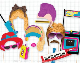 1980s Party Photo Booth Props, 1980's Photobooth Props, Cassette Tape, Boombox, Mullet, Arcade Game, Mohawk, Feathered Hair, 80s, Foto Booth