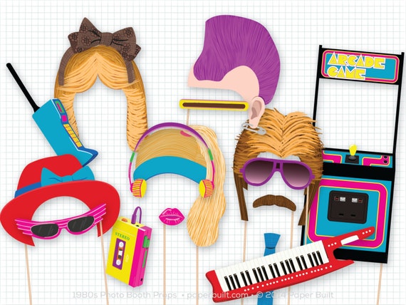 1980s Party Photo Booth Props, 1980's Photobooth Props, Cassette Tape, Boombox, Mullet, Arcade Game, Mohawk, Feathered Hair, 80s, Foto Booth Il_570xn