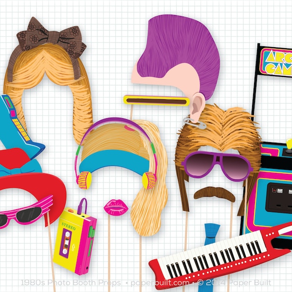 1980s Party Photo Booth Props, 1980's Photobooth Props, Cassette Tape, Boombox, Mullet, Arcade Game, Mohawk, Feathered Hair, 80s, Foto Booth