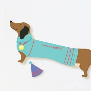 Carte de félicitations teckel extensible : chien viennoiseries découpé avec l'inscription « Vous êtes une vraie saucisse ! Jeu de mots pour l'obtention du diplôme et la célébration image 2