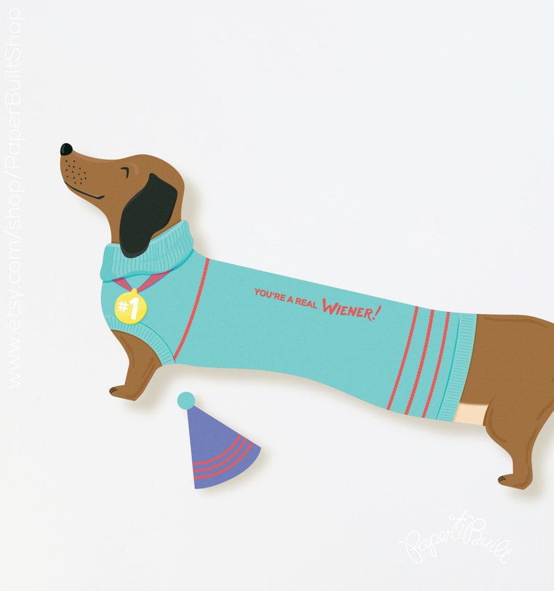 Carte de félicitations teckel extensible : chien viennoiseries découpé avec l'inscription « Vous êtes une vraie saucisse ! Jeu de mots pour l'obtention du diplôme et la célébration image 2