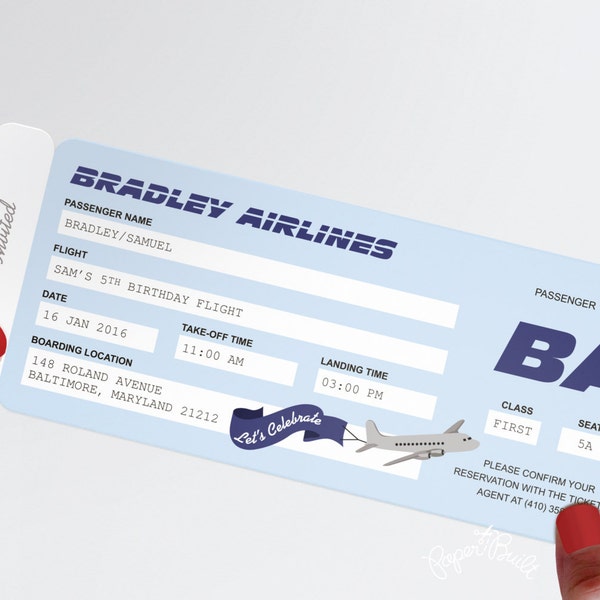 Airplane Party Airline Ticket Invitation, Airline Ticket Invite, Birthday DIY, Destination Wedding Invitation, Baby Shower, Pilot Retirement